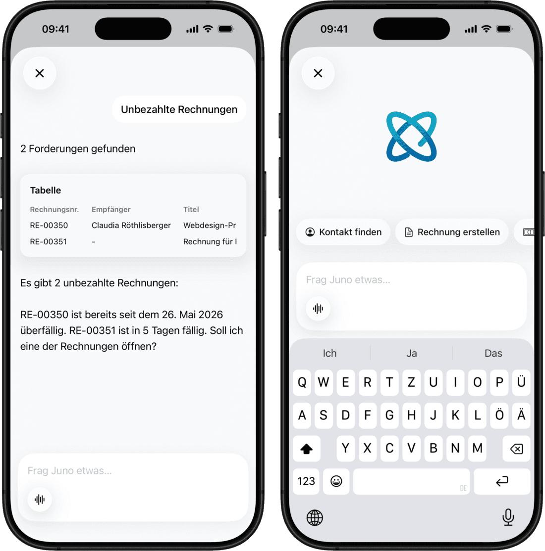 Zwei Smartphones zeigen eine App mit unbezahlten Rechnungen und Juno Chat-Interface auf Deutsch.