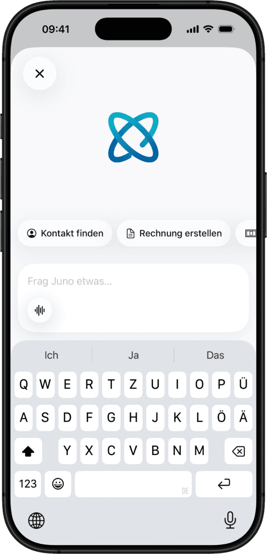 Smartphone zeigt Juno App mit Optionen Kontakt finden und Rechnung erstellen, darunter deutsche Tastatur.