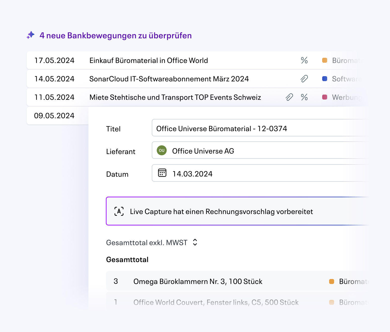 AI Funktionen in Infinity Finance, die das buchen und Rechnungen ausfühllen stark vereinfachen.